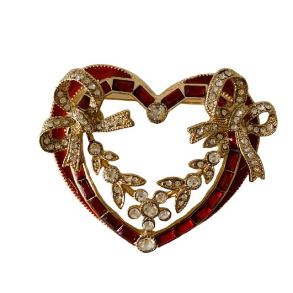 Vintage Napier Red And Clear Rhinestones Heart Bow Brooch Gold Tone Signed
